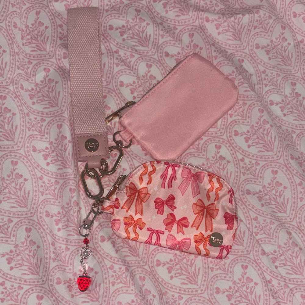 Pink Wristlet Strap with Bow-Print Coin Pouch & Card Case *NEVER USED*
